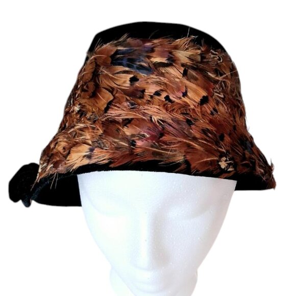 Vintage 1950s-60s Ranleigh Pheasant Feathers & Black Velvet Cloche Hat - Picture 3 of 7